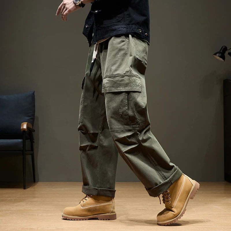 Men's Baggy Cargo Pants with Pockets 100% Cotton Drawstring Elastic Waist Wide Leg Outdoor Casual Pants Plus Size 8XL