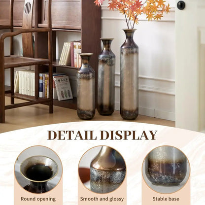 Floor Vases Decorative Tall Set of 3, Rustic Burnt Finish Metal Floor Vases for Decor Living Room, Fireplace Corner Hallway, Bed