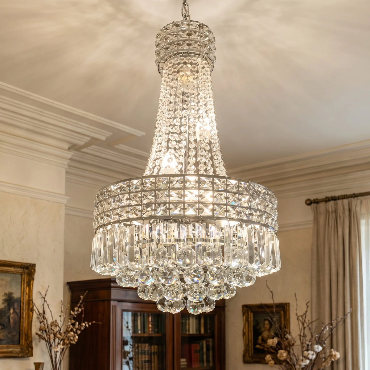 Modern Chrome Silver Crystal Chandelier, Round Dimmable Dining Table Crystal Chandelier for Bedroom/Hallway/Hall