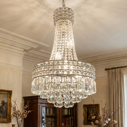 Modern Chrome Silver Crystal Chandelier, Round Dimmable Dining Table Crystal Chandelier for Bedroom/Hallway/Hall