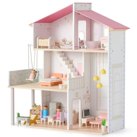 Wooden Dollhouse for Girls, Modern Family Doll House with 37Pcs Furniture & Accessories, 3-Story Pretend Playhouse Toy Gift for