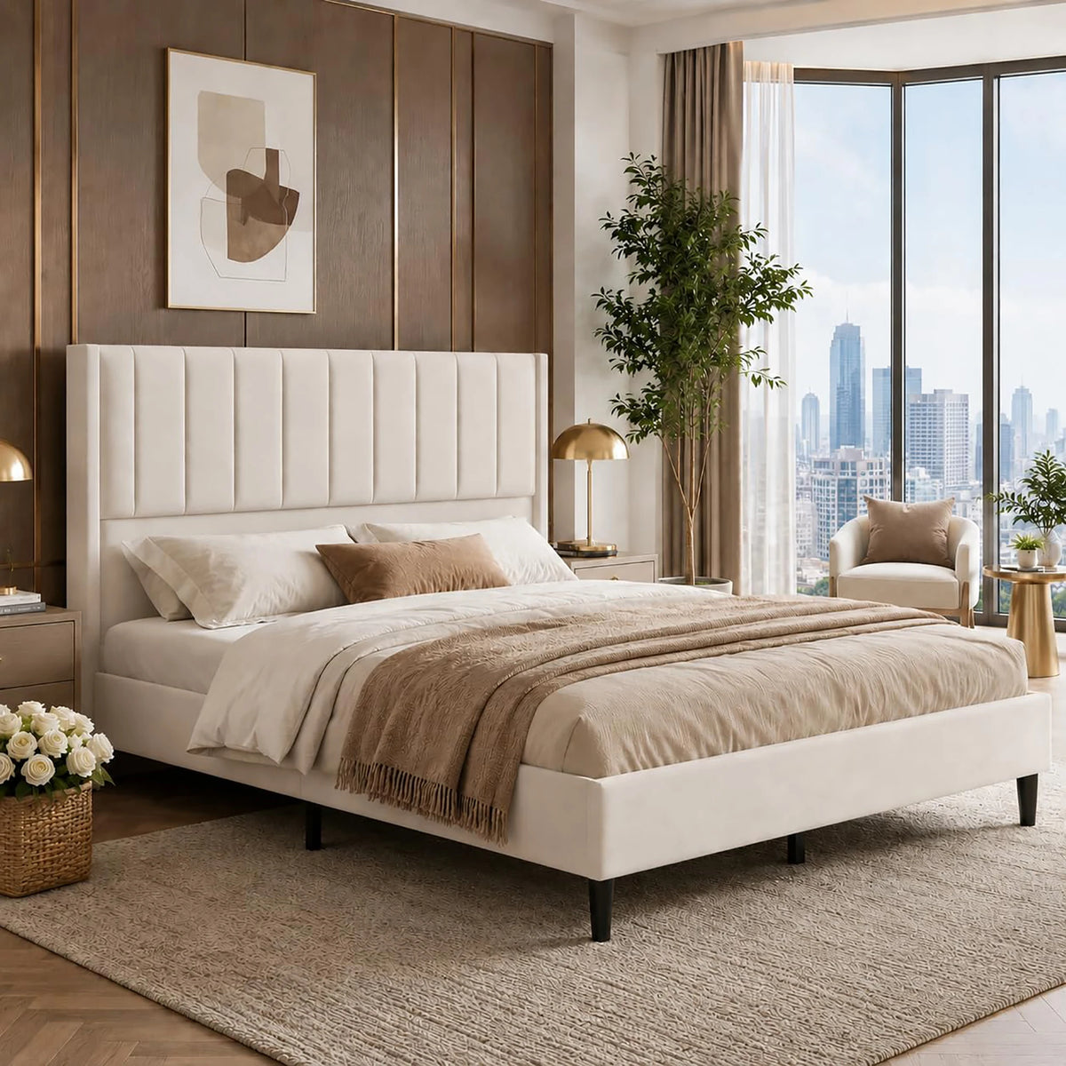 Full Queen King Velvet Platform Bed Frame, 52in Tall Wingback Channel Tufted Headboard, Beige Upholstered Bed, Wood Slats, Storage
