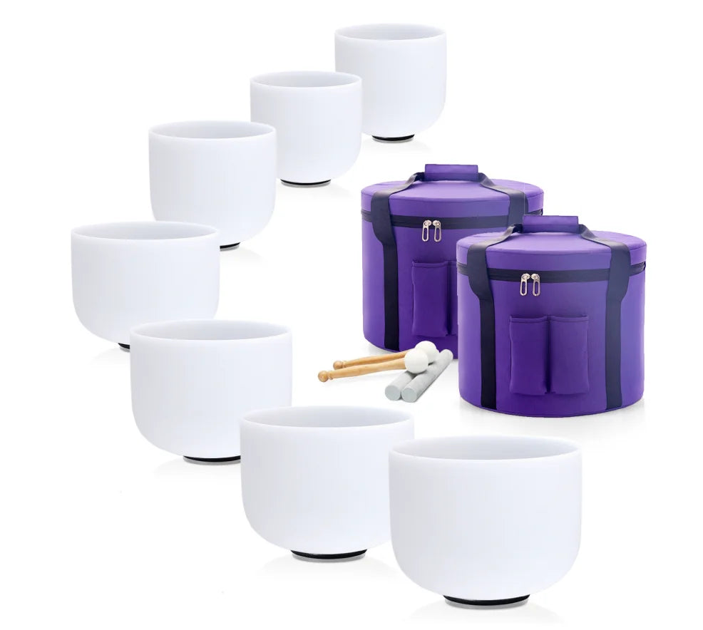 Hye-eun 7-12/6-12 Inch Crystal Singing Bowls Chakra Set of 7pcs with 2 Pcs Carrying Case for Yoga Musical Vibration Total 7 Pcs