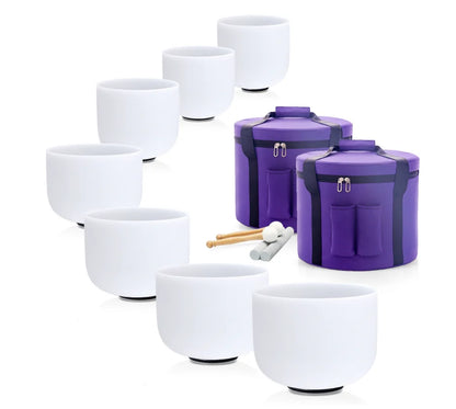 Hye-eun 7-12/6-12 Inch Crystal Singing Bowls Chakra Set of 7pcs with 2 Pcs Carrying Case for Yoga Musical Vibration Total 7 Pcs