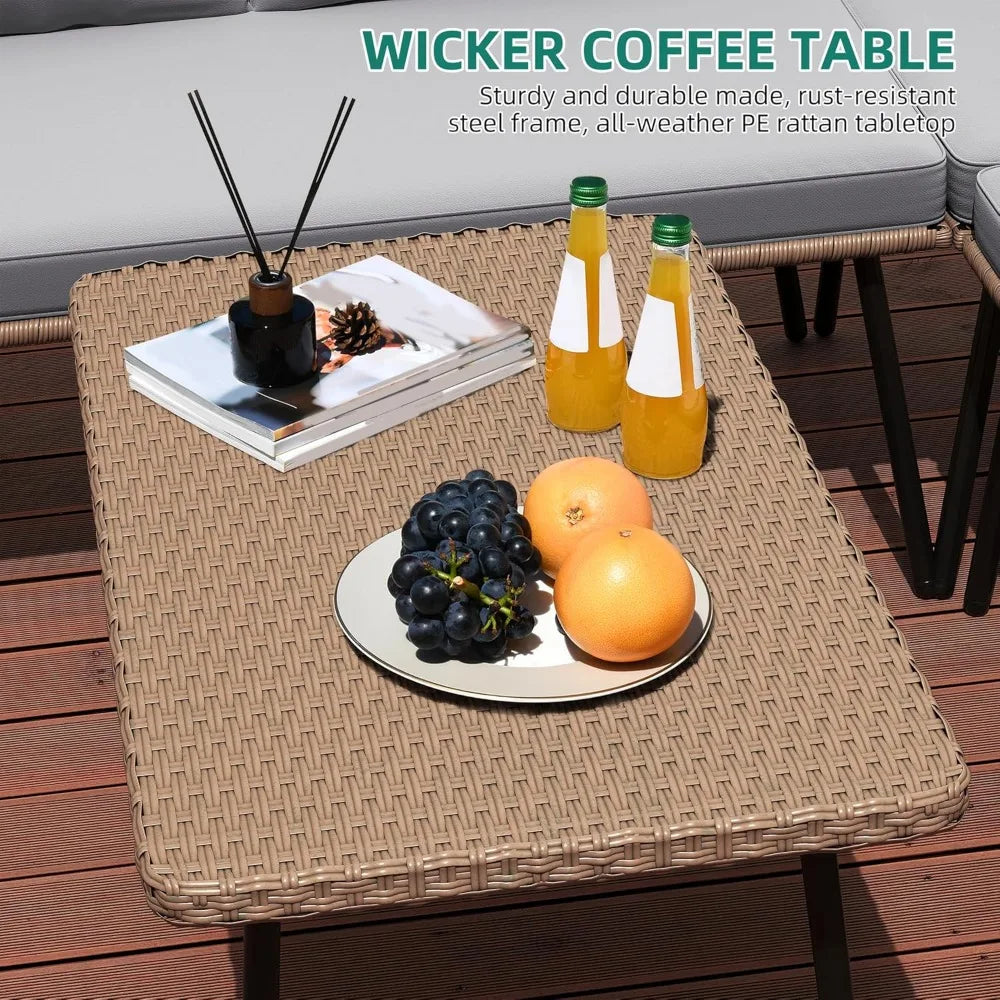 4-Piece Wicker Patio Furniture Set, All Weather PE Rattan Conversation Set Sectional Sofa with Soft Cushions & Side Table