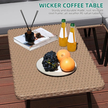 4-Piece Wicker Patio Furniture Set, All Weather PE Rattan Conversation Set Sectional Sofa with Soft Cushions & Side Table