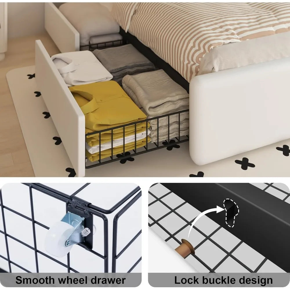Full Bed Frame with 4 Storage Drawers and Adjustable Headboard, Upholstered Platform Bed with LED Lights and USB Ports, Solid Wo