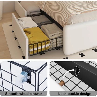 Full Bed Frame with 4 Storage Drawers and Adjustable Headboard, Upholstered Platform Bed with LED Lights and USB Ports, Solid Wo