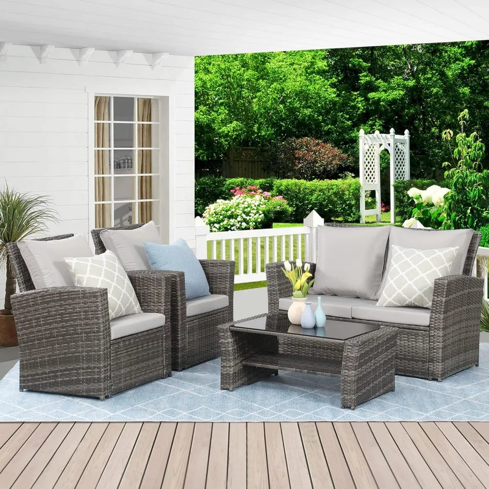 Outdoor Patio Furniture Set, 4-Piece Wicker Conversation Set with Gray Rattan Sofa Chairs and Cushions for Porch or Deck