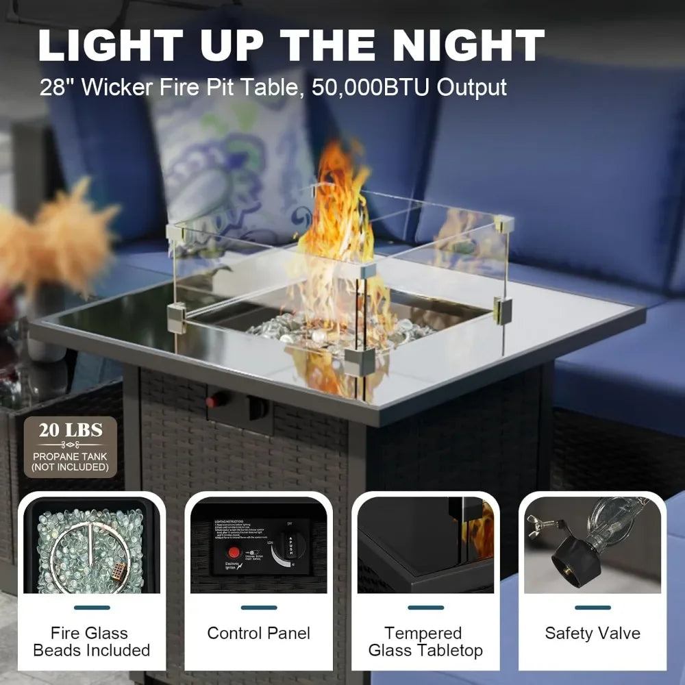 8-Piece Outdoor Patio Furniture Set with Fire Pit Table 28' Wicker Sectional Sofa Conversation Set with Cushions for Garden