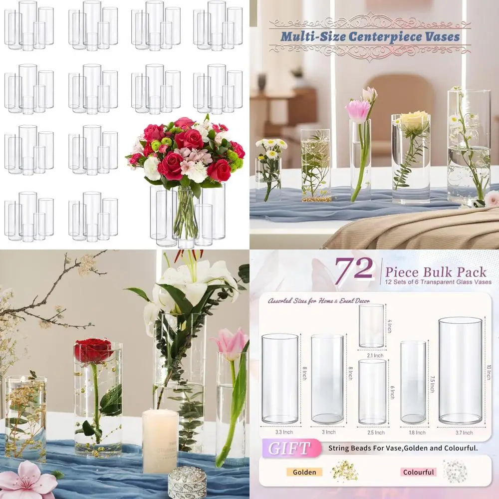 Set of 72 Clear Glass Cylinder Vases for Elegant Centerpieces, Small Flower Arrangements, Home Decor & Table Settings
