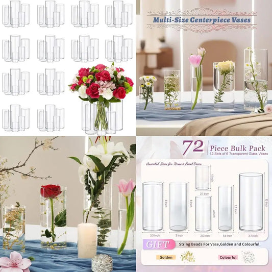 Set of 72 Clear Glass Cylinder Vases for Elegant Centerpieces, Small Flower Arrangements, Home Decor & Table Settings