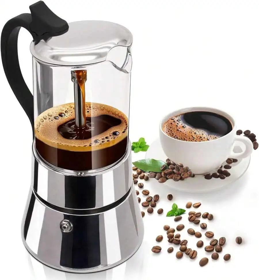 Lear Plastic Moka Pot 4 Cup 200ml Stainless Steel Coffee Maker Uncoated Stovetop Espresso Coffeemaker Italian Classic Style Auth