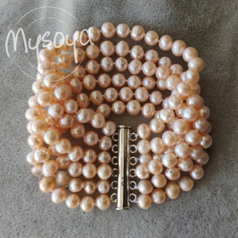 MYSOYA Six-layer Pink Freshwater Pearl Bracelet 5-6mm With Gift Box For Her/ Him Suitable For Birthday Weddings Valentine's Day.