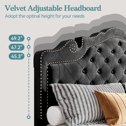 HOOMIC Bed Frame with Adjustable Velvet Tiara Headboard, Upholstered Diamond Button Tufted Platform Bed, Wood Slats Support,
