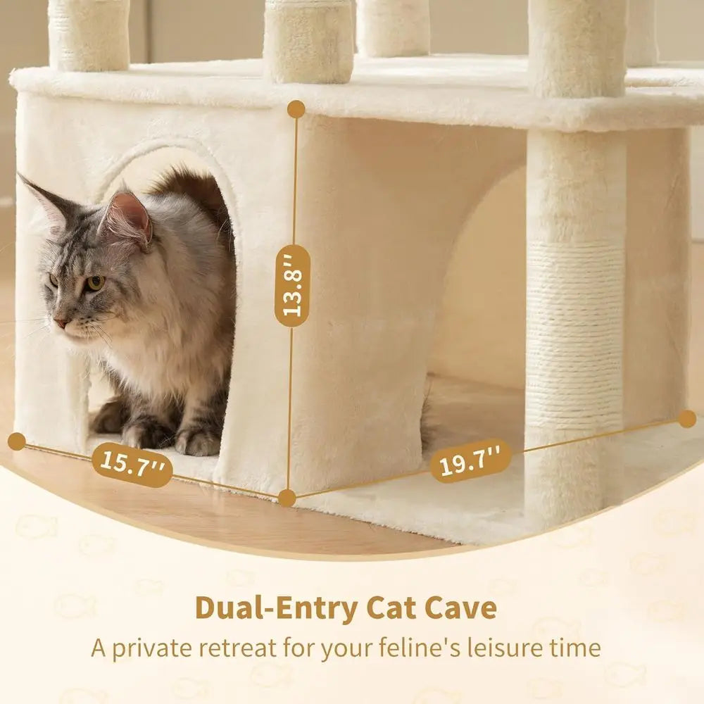 71 High Maine Coon Cat Tower with Large Base, Multi-Level Perches, 2 Hammocks & 12 Scratching Posts, Beige