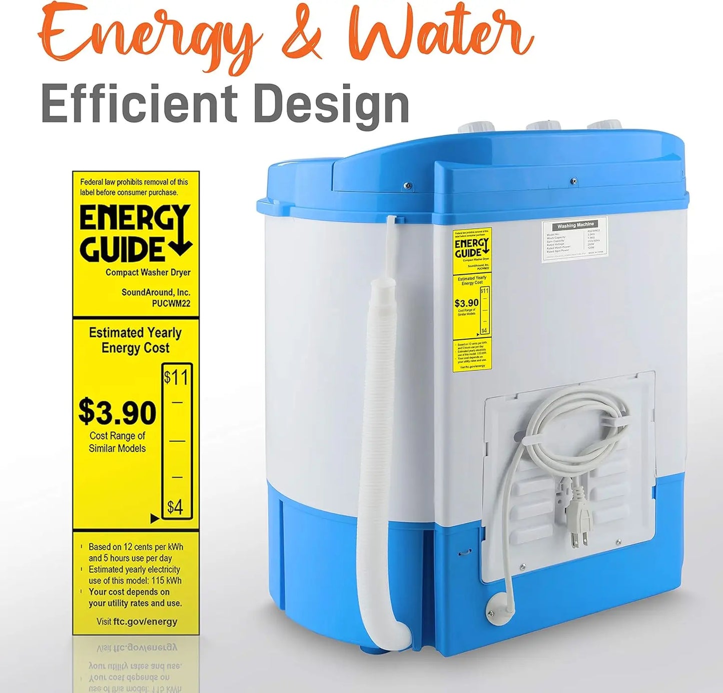 Portable 2-in-1 Washing Machine & Spin-Dryer, Top-Loading, Energy-Efficient, No Plumbing Needed, 2FT Drain Hose