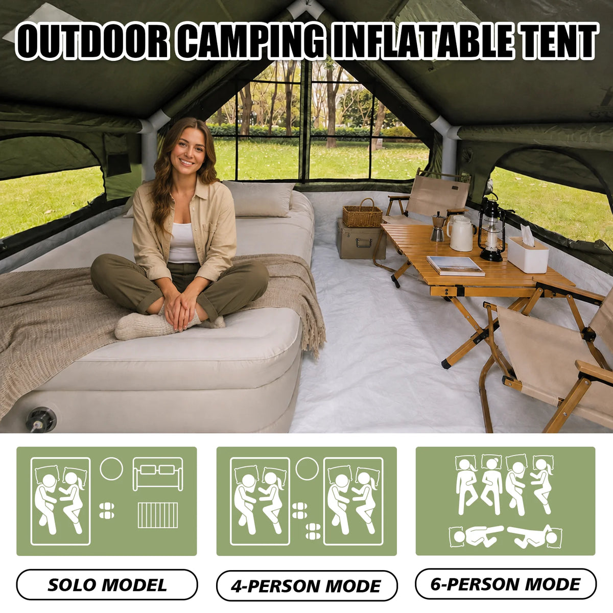 SENLEETO Inflatable Camping Tent 2-4 Person Waterproof 420D Oxford Cloth Glamping Family Tent with Stove Jack & AC Hole, Easy Setup Air Tent with Manual Pump & Detachable Extension Rain Poncho Canopy