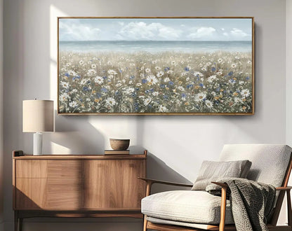 Large Framed Coastal Floral Canvas Wall Art for Living Room, Farmhouse Decor, 48x24 Inches
