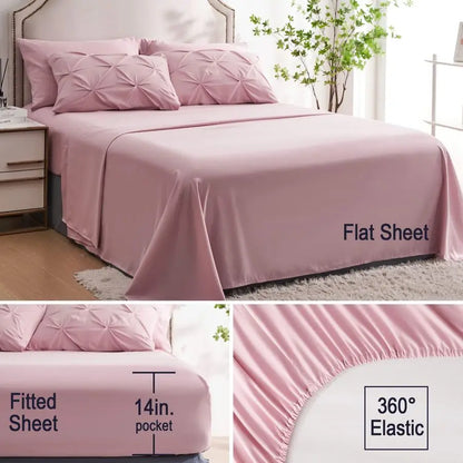 7pc Full Size Comforter Set with Sheets, Pinched Pleat 7 Piece Bed in a Bag Blush Bed Set with Comforter, Pintuck All Season Bed