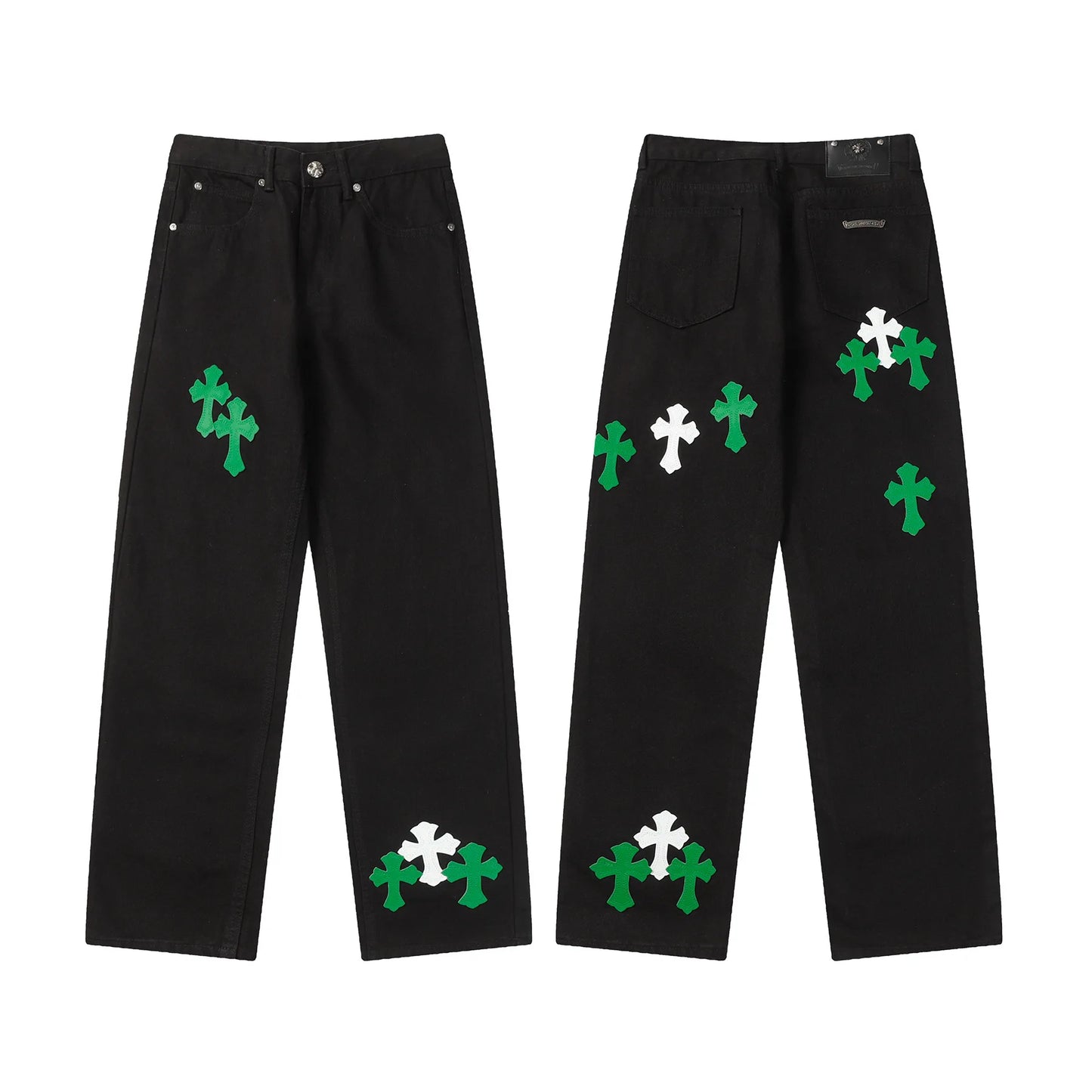 Classic Luxury Brand Men Women Leather Jeans Totem Patch Casual Pants Fashion Metal Embellished Couple Wear 2025