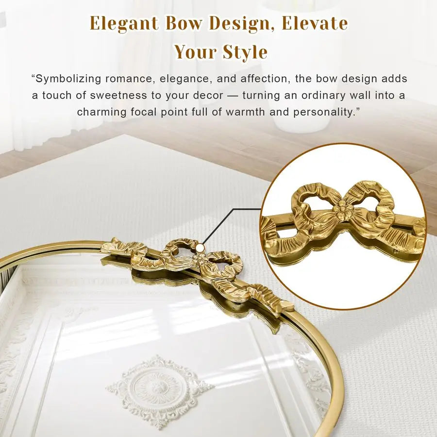 Arched Gold Mirror 27x19 Antique Bathroom Vanity Wall Mirrors with Metal Frame, Baroque Ornate Bow Decor for Living Room, Firepl