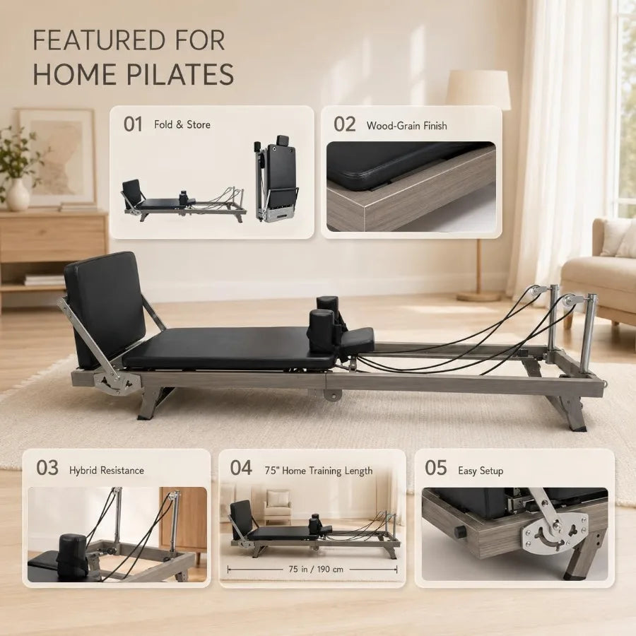 75" Foldable Pilates Reformer 90% Pre-Assembled Home Gym Women Men Workouts Bundle, Dual Resistance System Springs + Latex,Jump