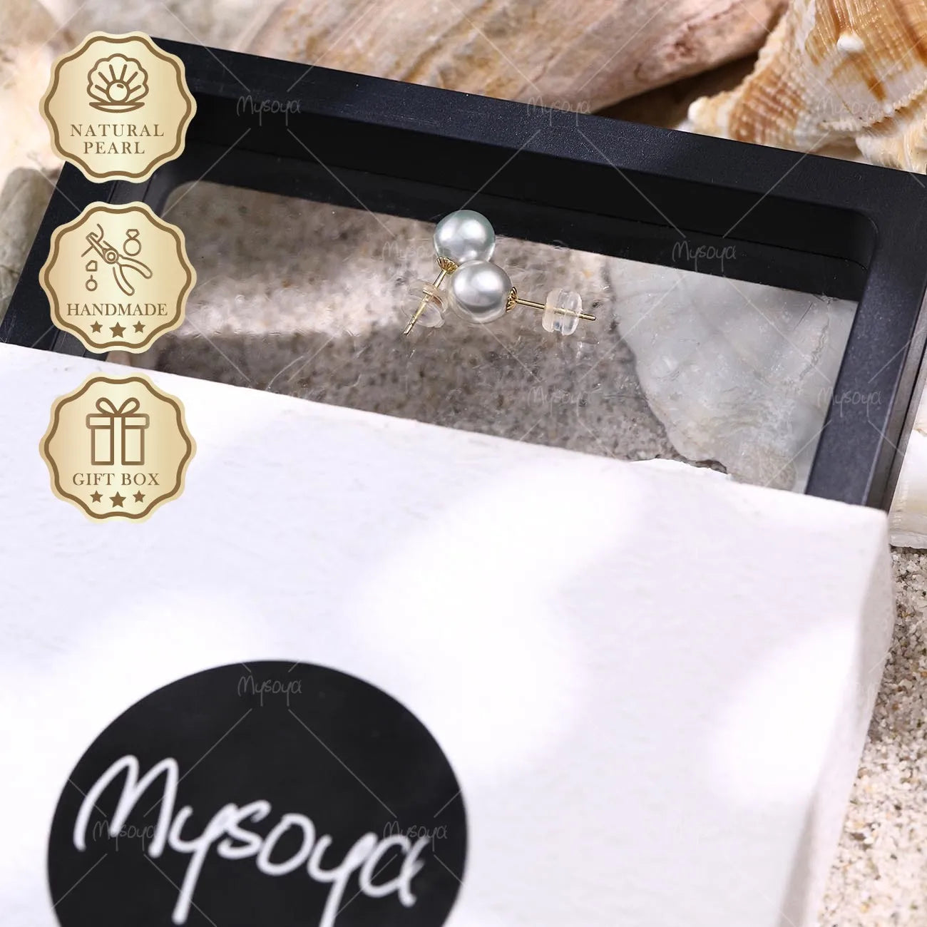 Mysoya Japan Akoya Gray Pearl Stud Earrings 7.5-8mm K18 Gift Box Valentine's Day Birthday Gift For Her