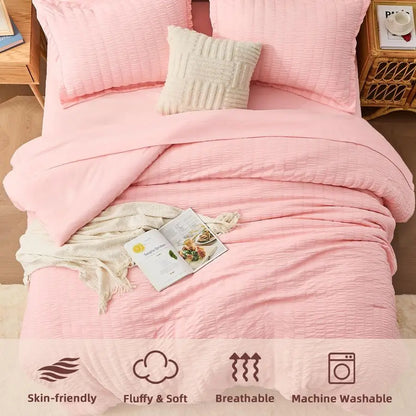 Pink Queen Comforter Set 7 Pieces, Luxury Seersucker Bed in a Bag Queen Size for All Seasons, Soft Bedding Set with Comforter, F