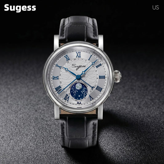 Sugess Watches for Men Automatic Mechanical Watch Moonphase Tianjin ST2108 Waterproof Date Hands Sapphire Crystal Rome Wave Dials S395