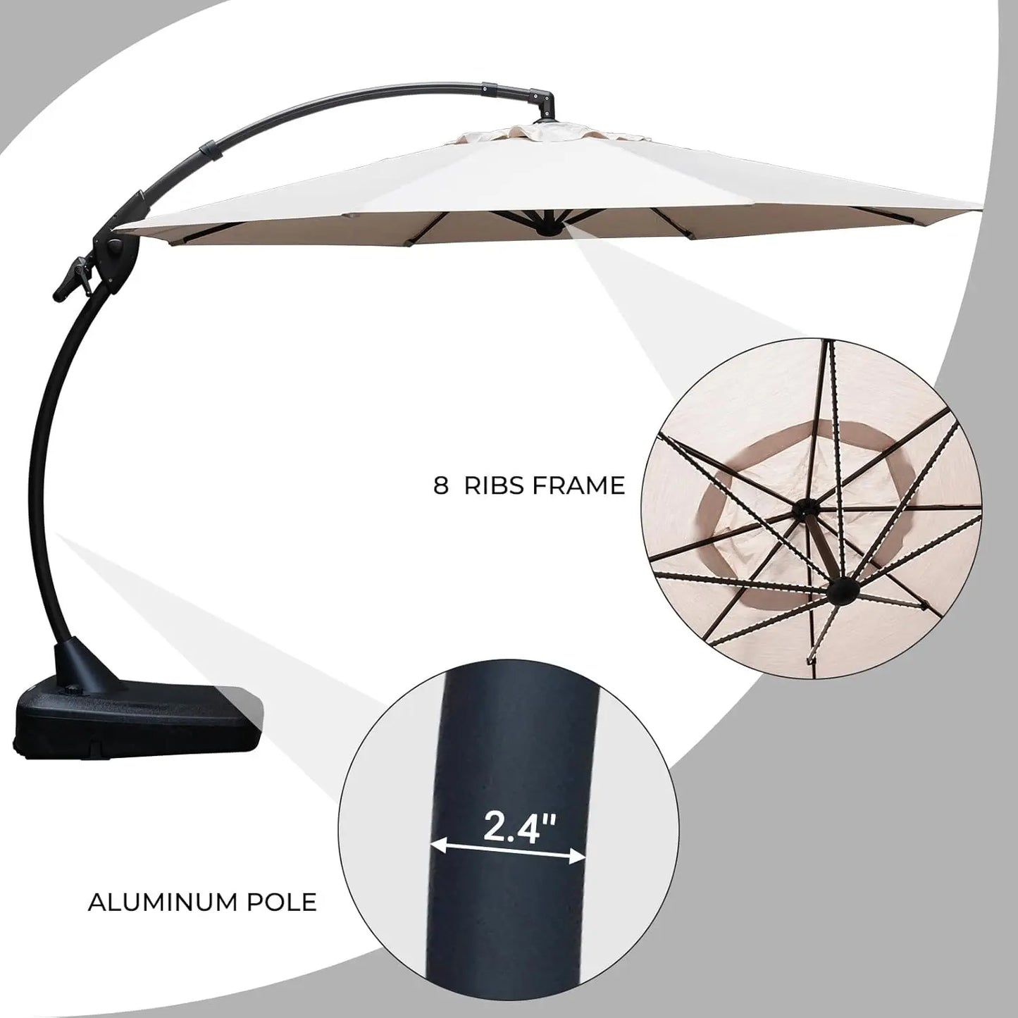 12FT Outdoor Cantilever Umbrella Large Round Aluminum Offset Umbrella with Base for Garden Deck Patio