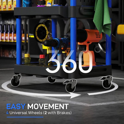3Tier Rolling Tool Cart 200 LBS Capacity Plastic Utility Cart with Side Shelves for Garage Workshop Black Dark Blue