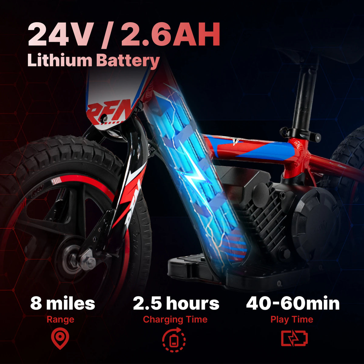 RFN DNA12 Electric Dirt Bike for Kids-170W Balance Bike 24V 2.6AH Battery,12" Off-Road Tires, Aluminum Frame Motorcycle, 4-8