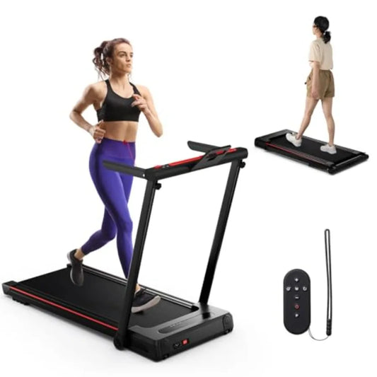 Under desk walking pad treadmill for home gym use, foldable steel frame in black, 3-in-1 design with removable desktop, remote