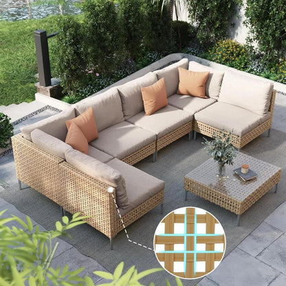 7-Piece Wicker Patio Furniture Set, Water Resistant Thick Cushions and Coffee Table, Beige