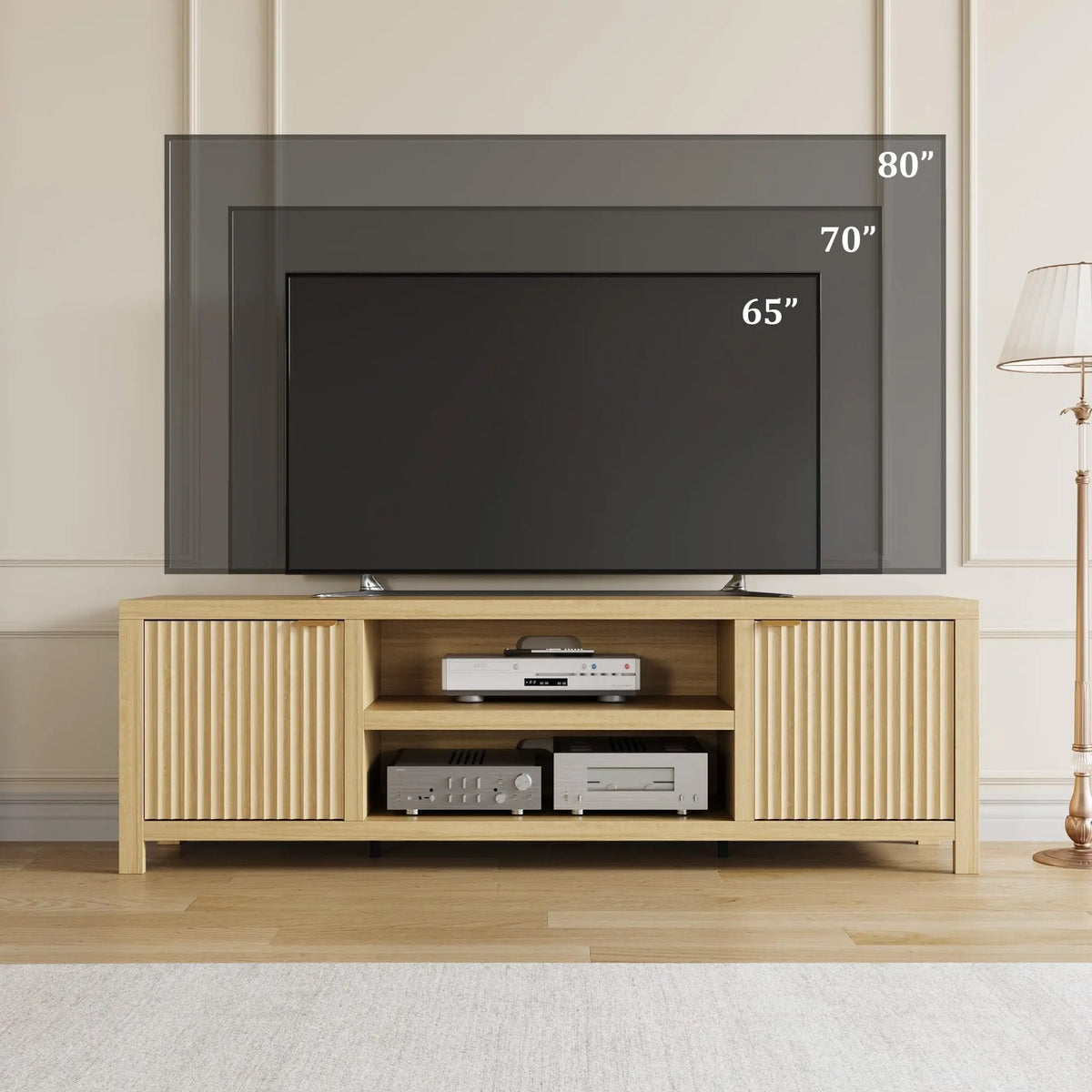 Fluted TV Stand for 75+ Inch TV, Modern Entertainment Center with 2-Tier Storage & Adjustable Shelves, Media Console Cabinet with 2 Fluted Doors & Gold Handles for Living Room Bedroom