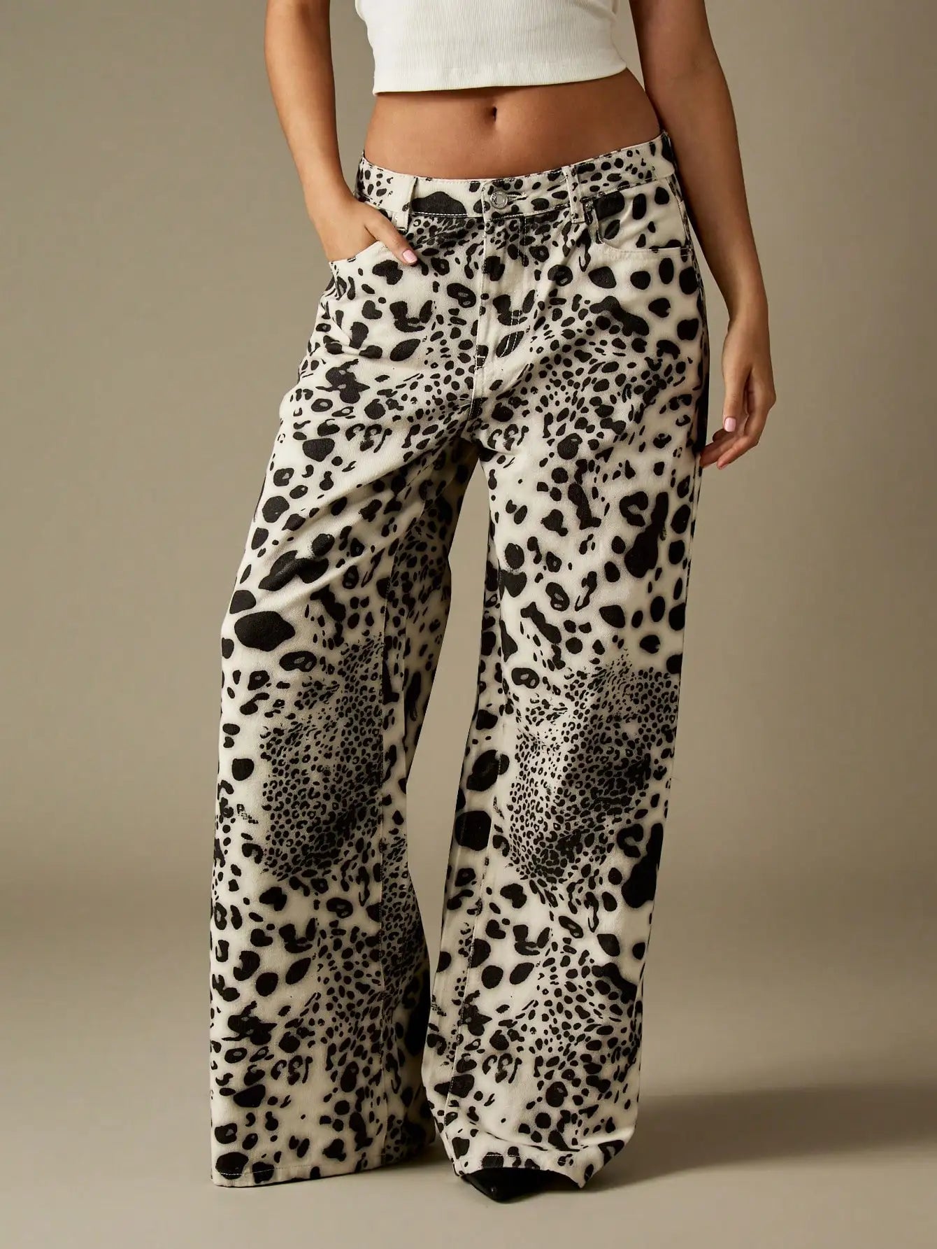 Mid Rise Wide Leg Leopard Print Denim Jeans for Women, Baggy Palazzo Style