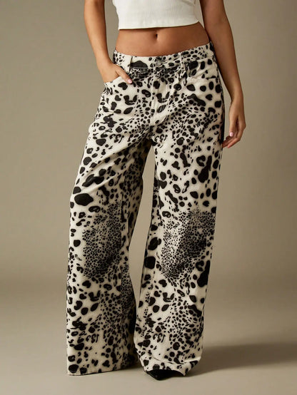 Mid Rise Wide Leg Leopard Print Denim Jeans for Women, Baggy Palazzo Style