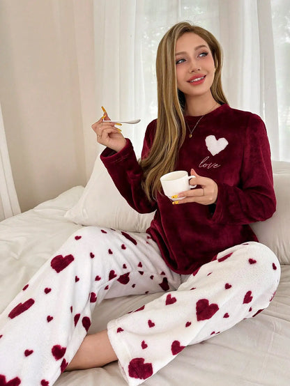 Velvet Heart Print Pajama Set for Women - Cozy Long Sleeve Top & Pants, Fall Winter Loungewear