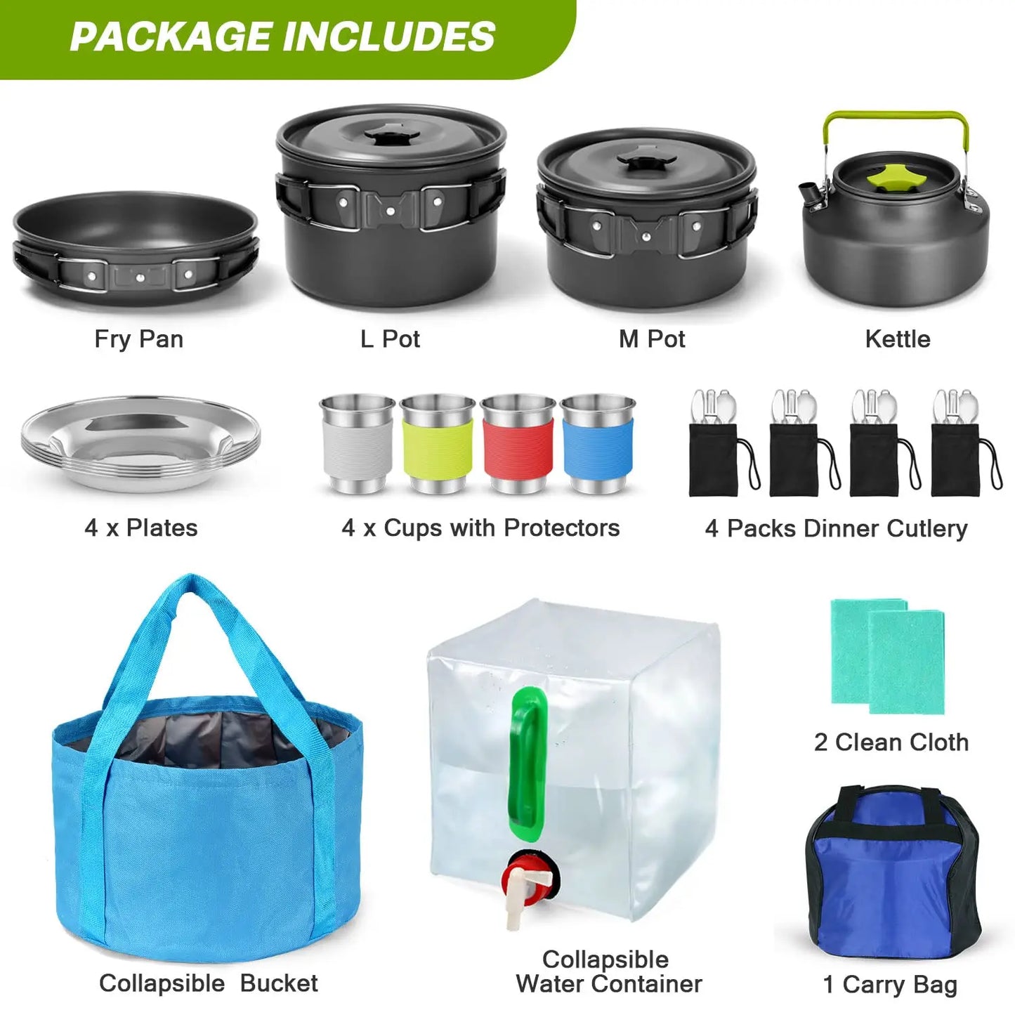 29pcs Camping Cookware Mess Kit, Non-Stick Lightweight Pots Pan Kettle, Collapsible Water Container and Bucket,Plates Forks