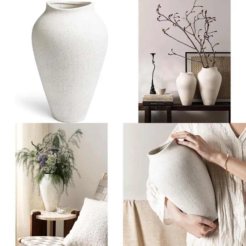 Large 11.8 Sandstone White Ceramic Floor Vase for Rustic Minimalist Living Room Decor and Wedding Centerpieces