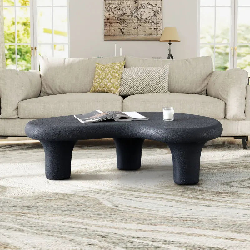47.24 inch living room coffee table, retro table with 3 supporting legs, matte black table, irregular central table