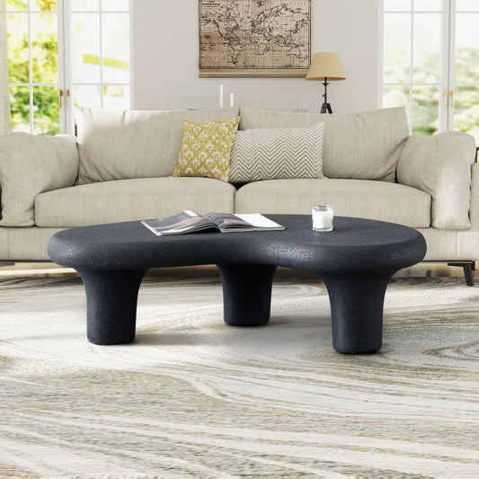 47.24 inch living room coffee table, retro table with 3 supporting legs, matte black table, irregular central table