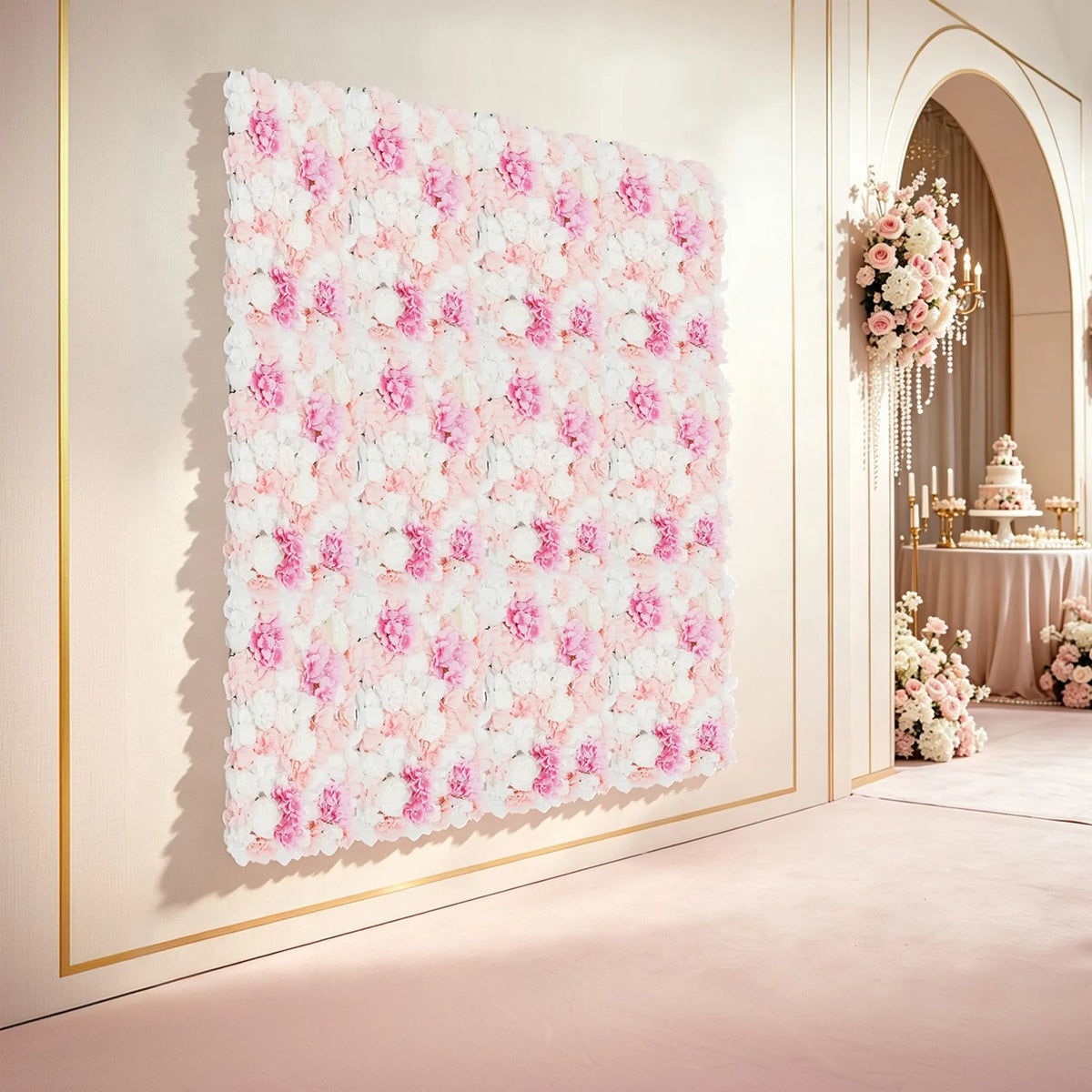 12Pcs Pink White Artificial Flower Wall Panels 60x40cm Silk Plastic Dahlia Rose Hydrangea Floral Backdrop Indoor Outdoor Wedding Balcony Fence Decor