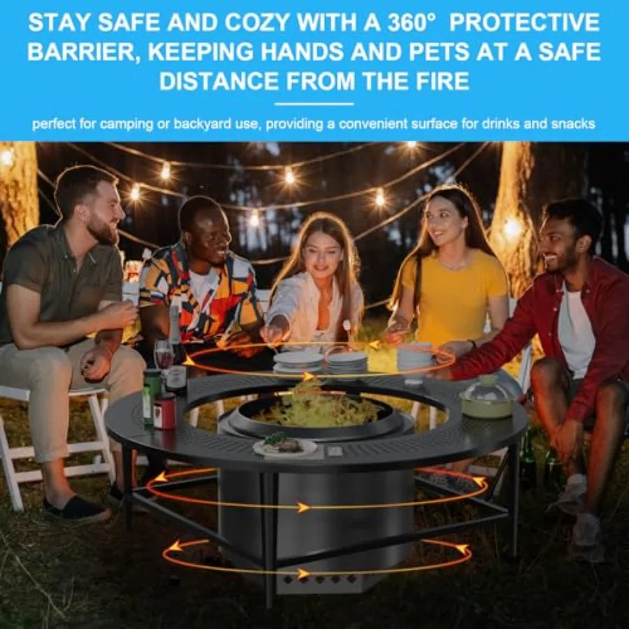 40 Round Outdoor Fire Pit Tabletop with Waterproof Cover for Wood-Burning Stoves Powder-Coated Steel Black Durable and Portable