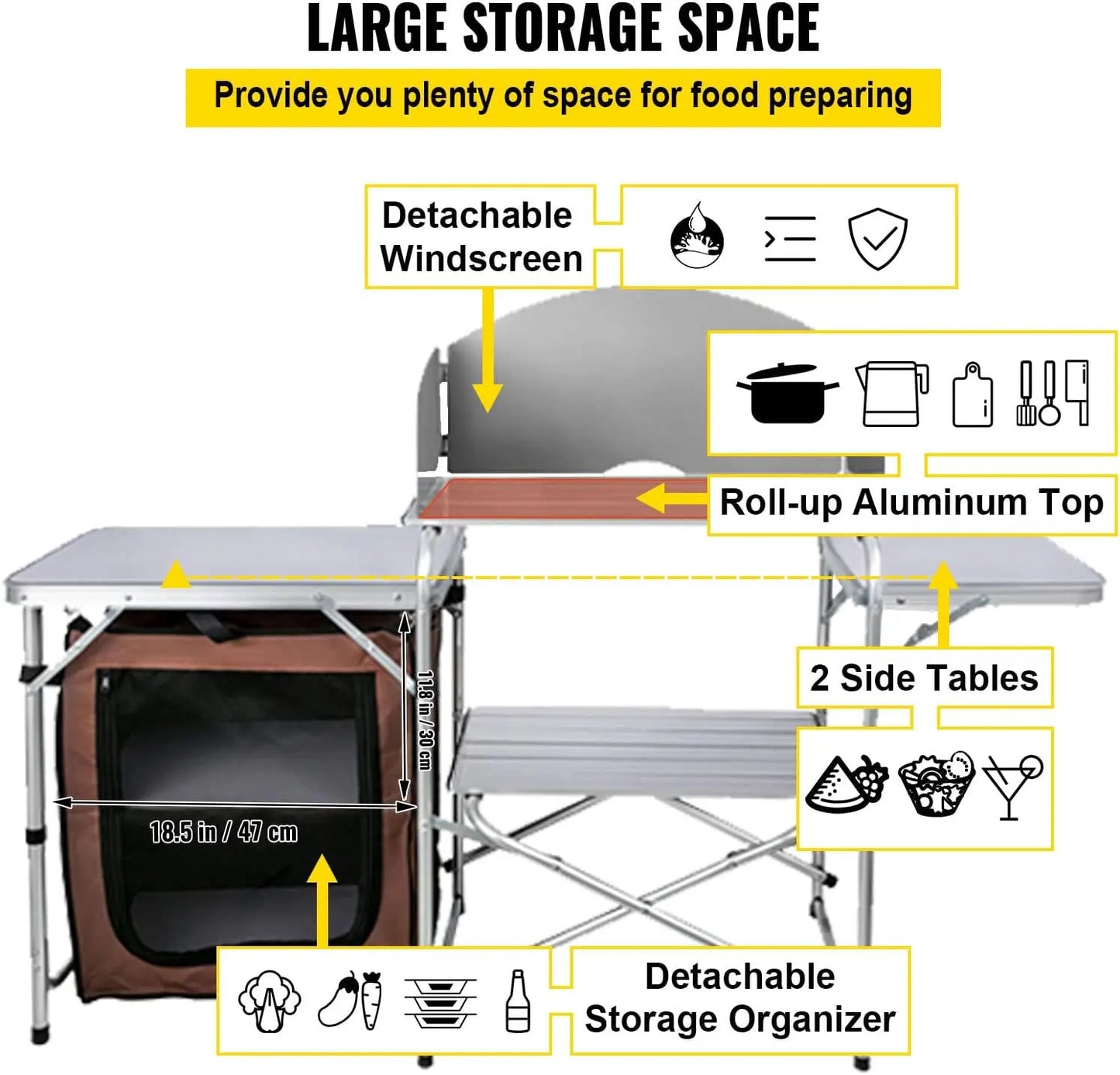 VEVOR Portable Camping Kitchen Table, Aluminum Folding Cook Station with Windscreen, Storage, Carrying Bag, Quick Setup for Outd