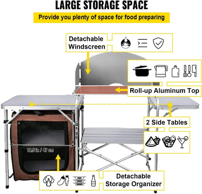 VEVOR Portable Camping Kitchen Table, Aluminum Folding Cook Station with Windscreen, Storage, Carrying Bag, Quick Setup for Outd