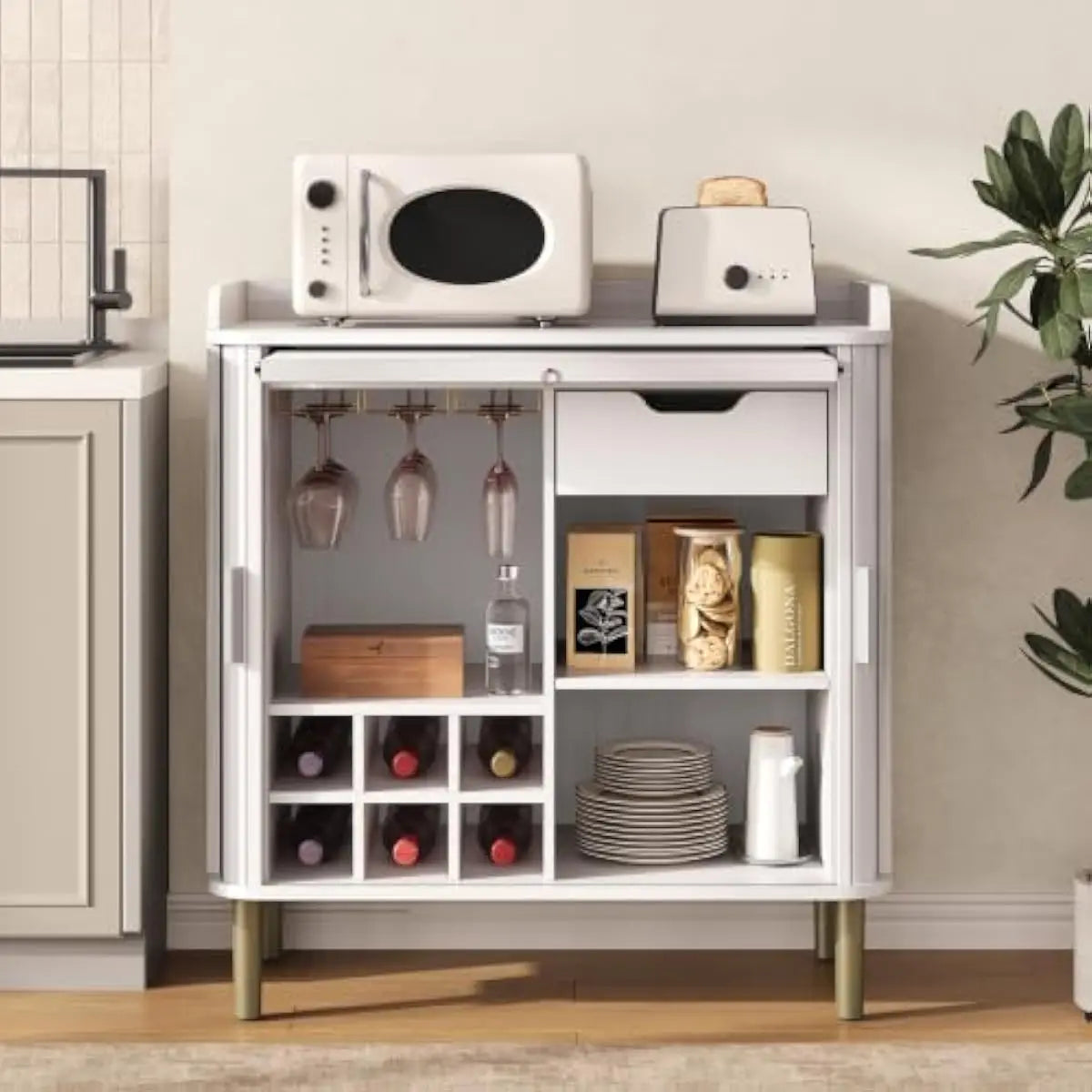 Fluted Bar Cabinet with Ample Storage, 3-Tier Glass Racks, Removable 6-Bottle Wine Rack, Built-in Charging Hub, Mid-Century Modern Design
