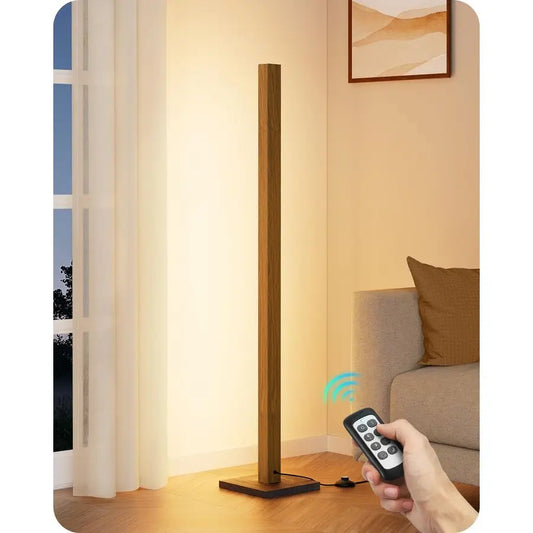 Mid Century Modern Floor Lamp with Remote, Dimmable Wood LED Corner Lamp, Minimalist Standing Mood Lighting for Living Room, Bed
