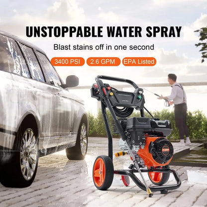 VEVOR Gas Pressure Washer,  Gas Powered Pressure Washer with Aluminum Pump, 3400 PSI 2.6 GPM,Spray Gun and Extension Wand